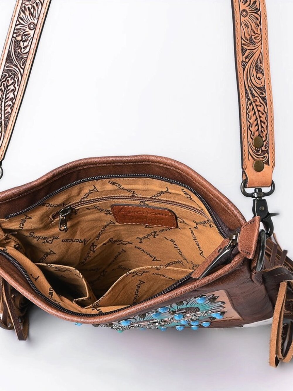 American Darling Hand-Tooled Leather Fringe Messenger Bag Cowhide Western Purse - Picture 7 of 7